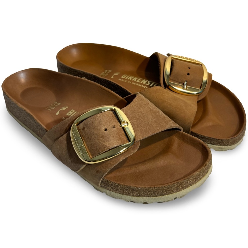 Birkenstock Suede Single-Buckle Slide Sandals - Brown with Gold Buckle
